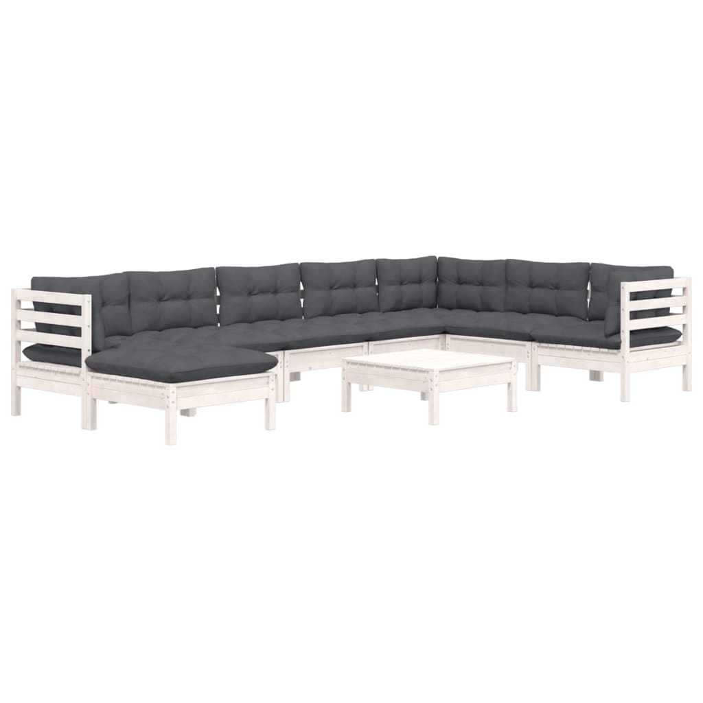 9-tlg. Garten-Lounge-Set mit Kissen Weiß Kiefer Massivholz