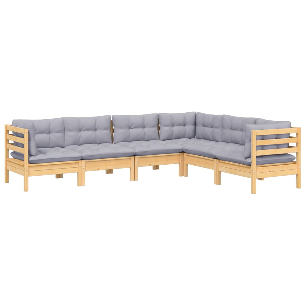 6-tlg. Garten-Lounge-Set mit Grauen Kissen Kiefer Massivholz