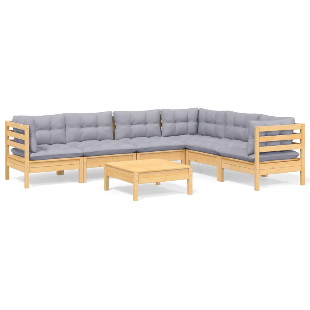 7-tlg. Garten-Lounge-Set mit Grauen Kissen Kiefer Massivholz