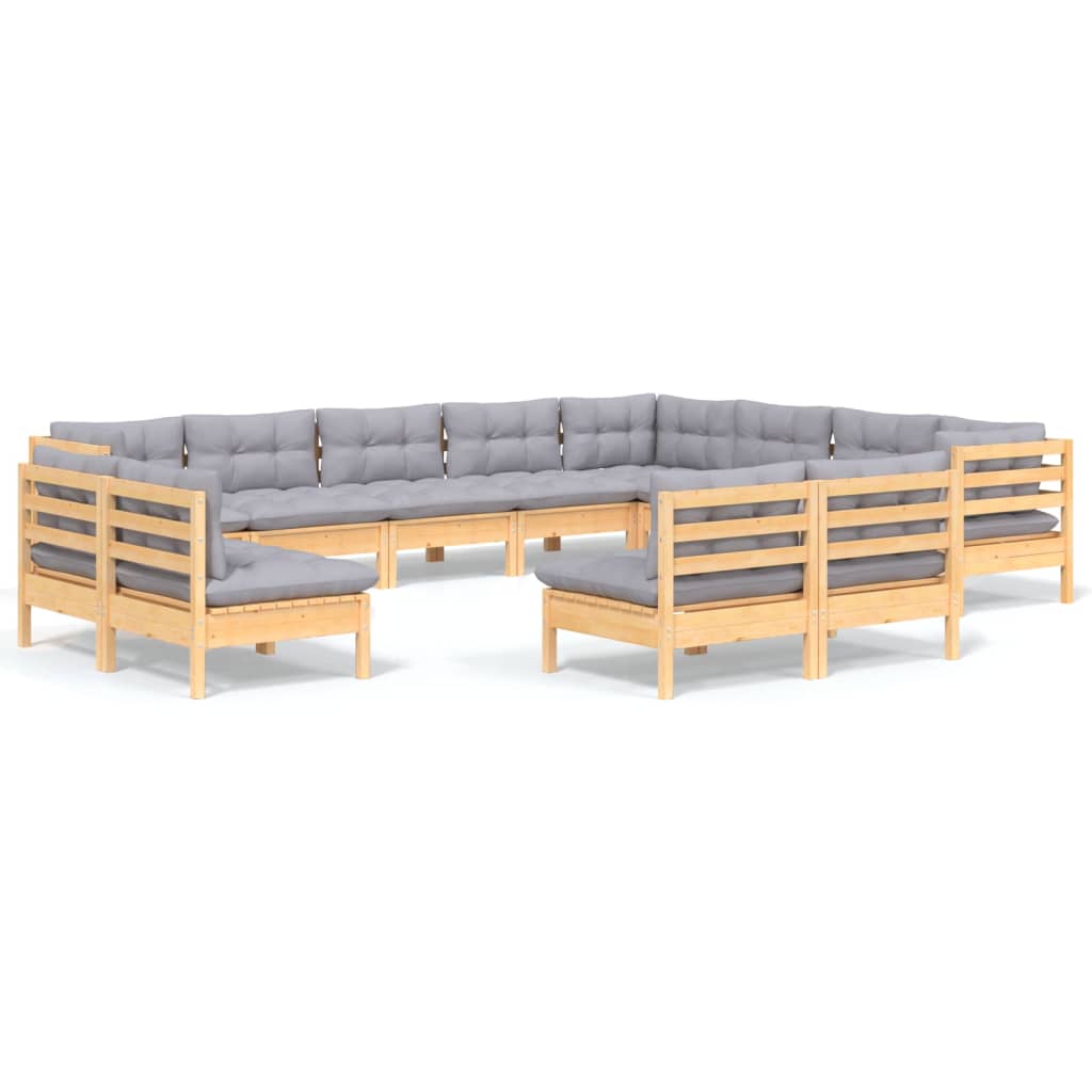 12-tlg. Garten-Lounge-Set mit Grauen Kissen Massivholz Kiefer