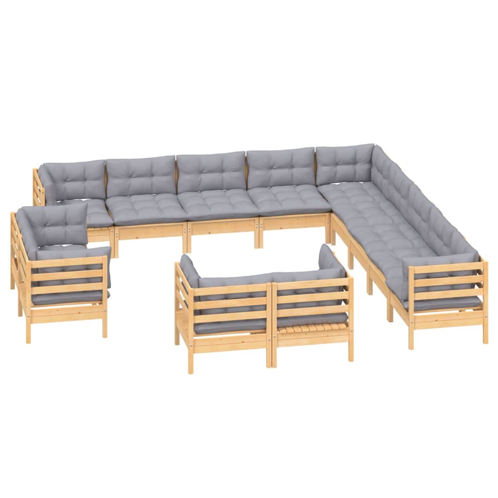 13-tlg. Garten-Lounge-Set mit Grauen Kissen Massivholz Kiefer