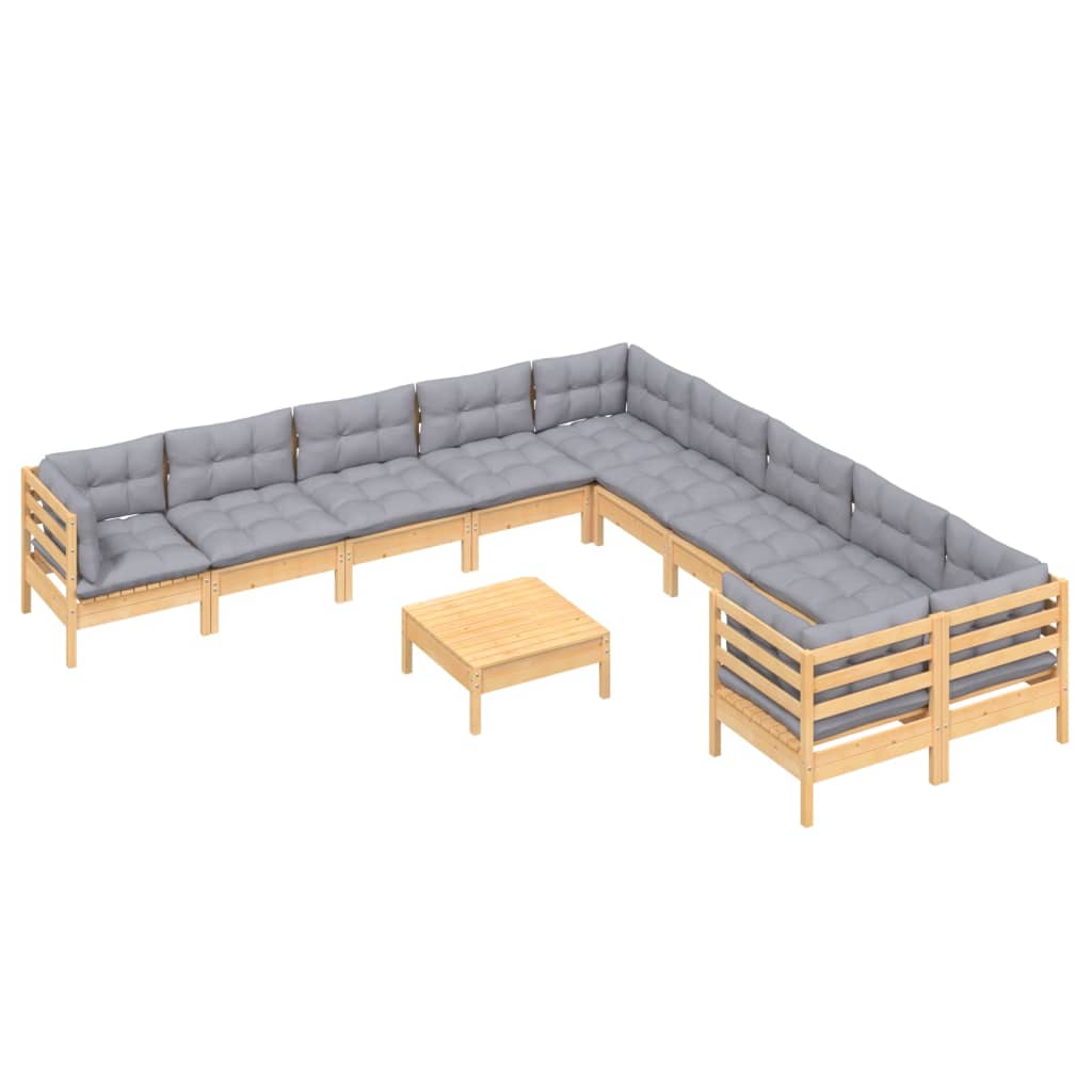11-tlg. Garten-Lounge-Set mit Grauen Kissen Kiefernholz