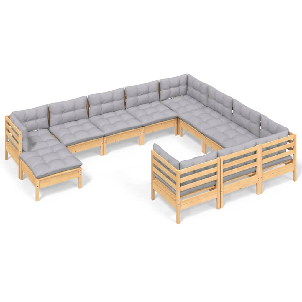 11-tlg. Garten-Lounge-Set mit Grauen Kissen Kiefernholz