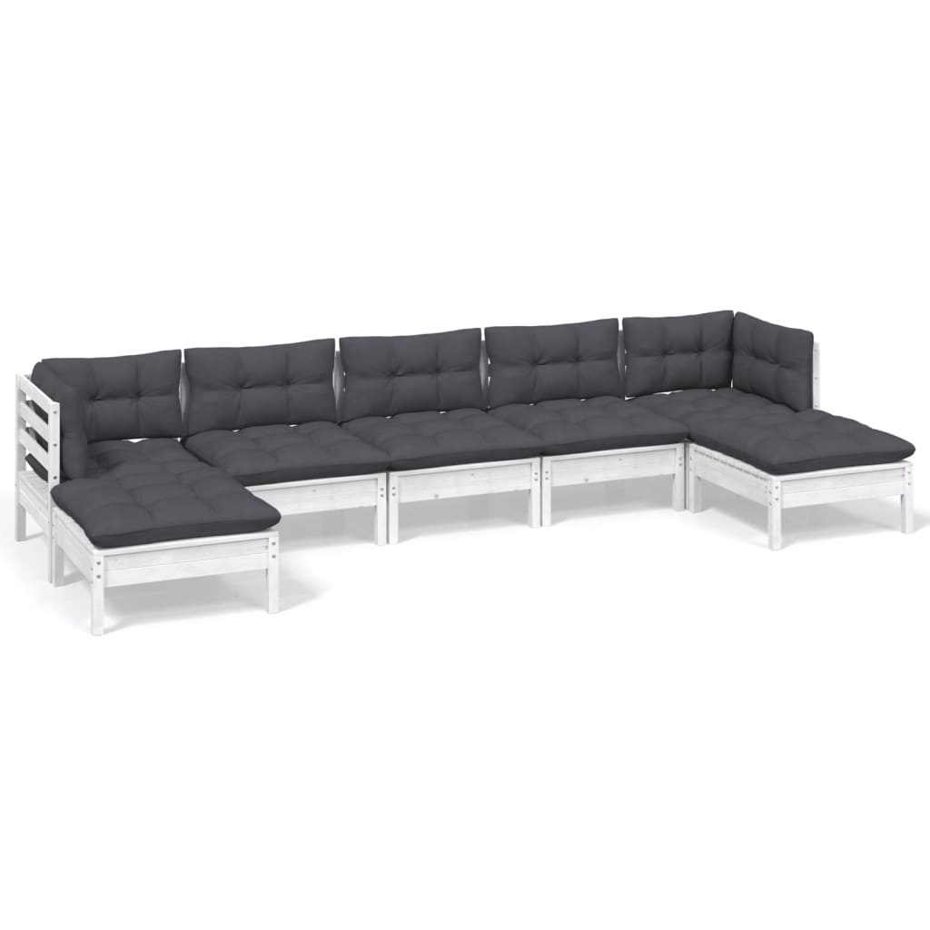 7-tlg. Garten-Lounge-Set mit Kissen Weiß Kiefernholz