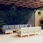 11-tlg. Garten-Lounge-Set mit Grauen Kissen Kiefernholz