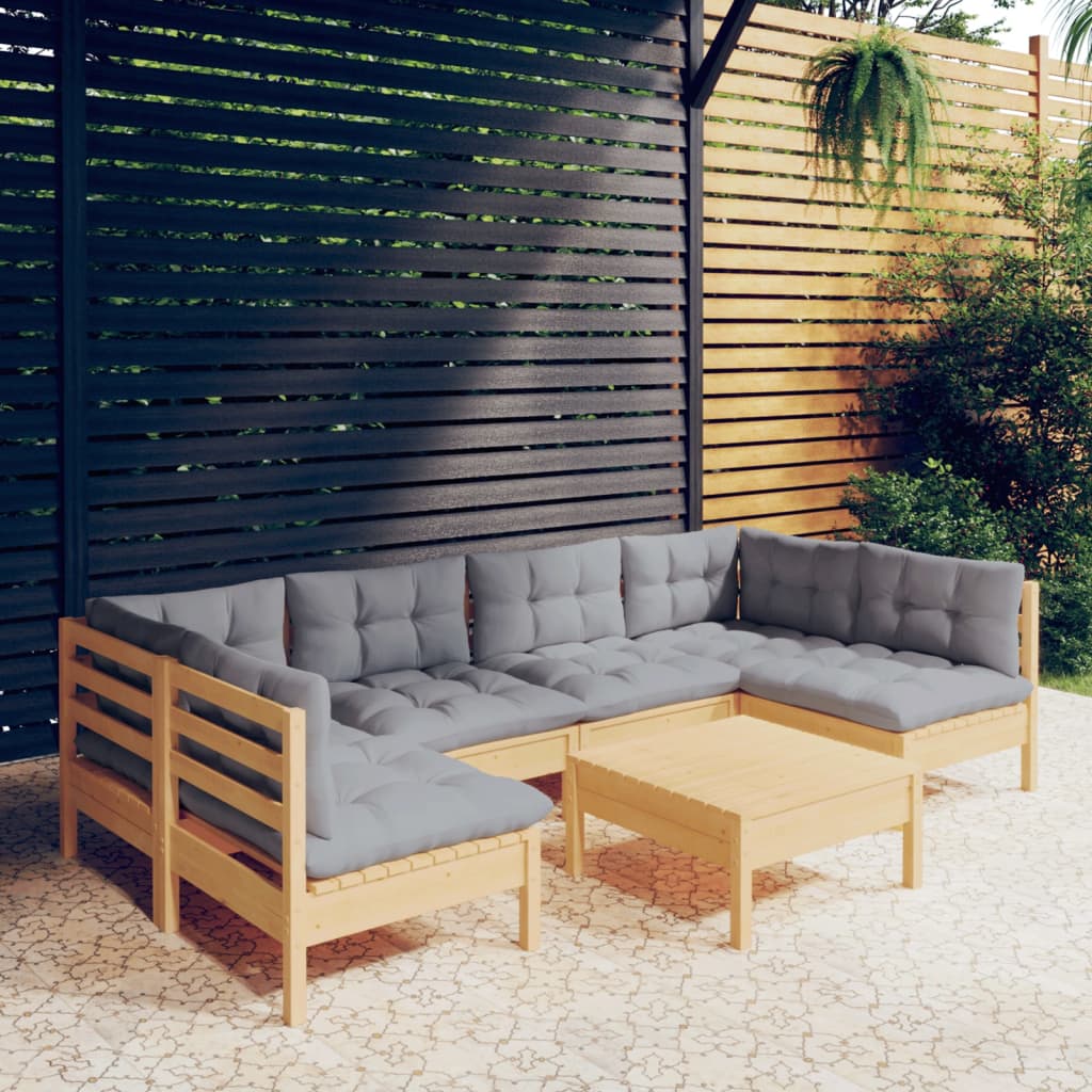 7-tlg. Garten-Lounge-Set mit Grauen Kissen Kiefer Massivholz