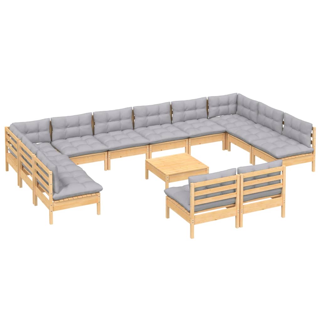 13-tlg. Garten-Lounge-Set mit Grauen Kissen Kiefer Massivholz