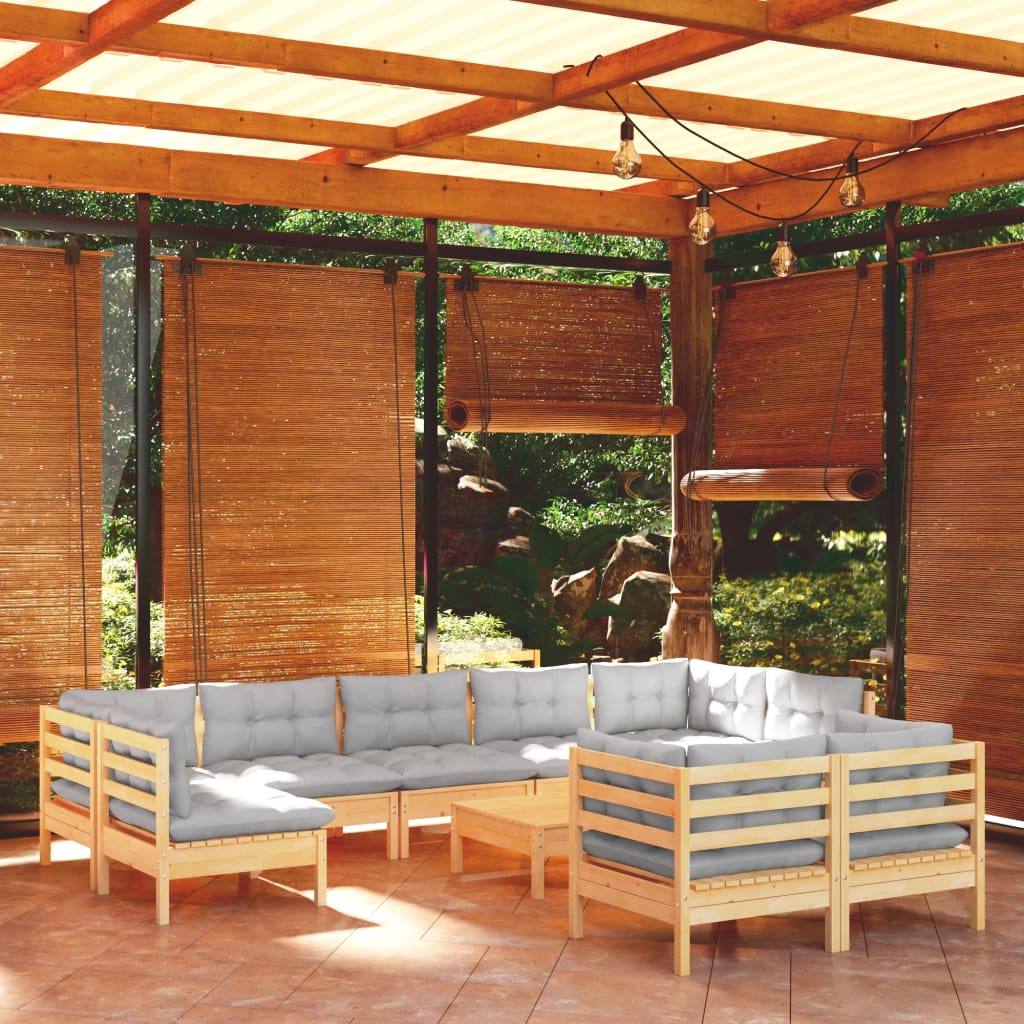 10-tlg. Garten-Lounge-Set mit Grauen Kissen Kiefer Massivholz
