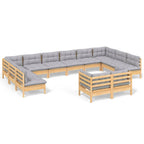 12-tlg. Garten-Lounge-Set mit Grauen Kissen Kiefer Massivholz