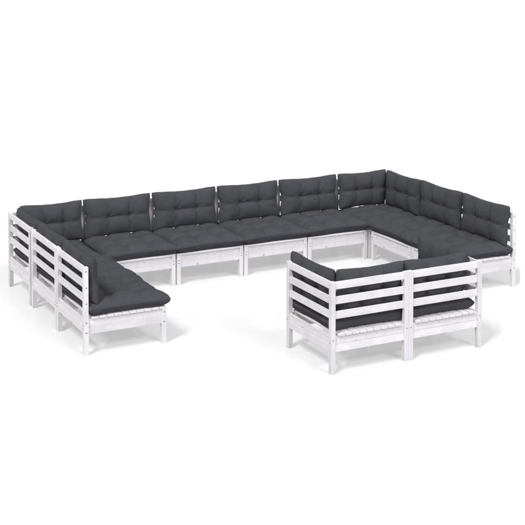 12-tlg. Garten-Lounge-Set mit Kissen Weiß Kiefer Massivholz