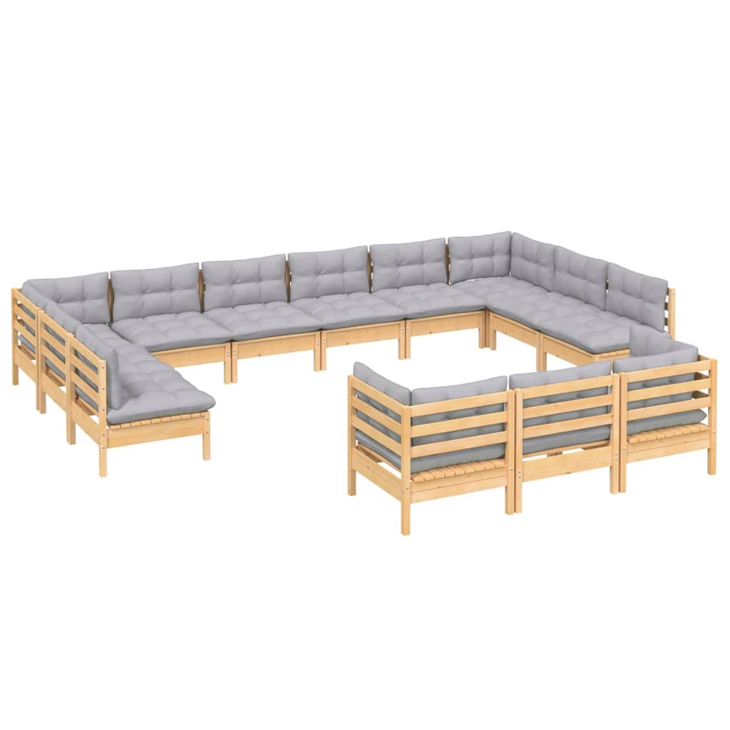 13-tlg. Garten-Lounge-Set mit Grauen Kissen Kiefernholz