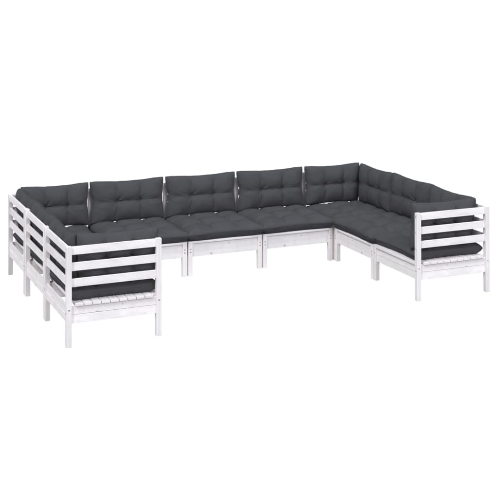 9-tlg. Garten-Lounge-Set mit Kissen Weiß Kiefernholz