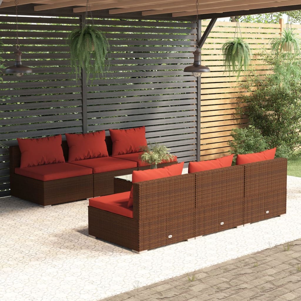 7-tlg. Garten-Lounge-Set mit Kissen Poly Rattan Braun