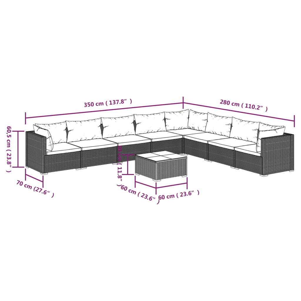 9-tlg. Garten-Lounge-Set mit Kissen Poly Rattan Schwarz