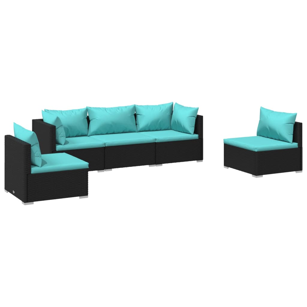 5-tlg. Garten-Lounge-Set mit Kissen Poly Rattan Schwarz