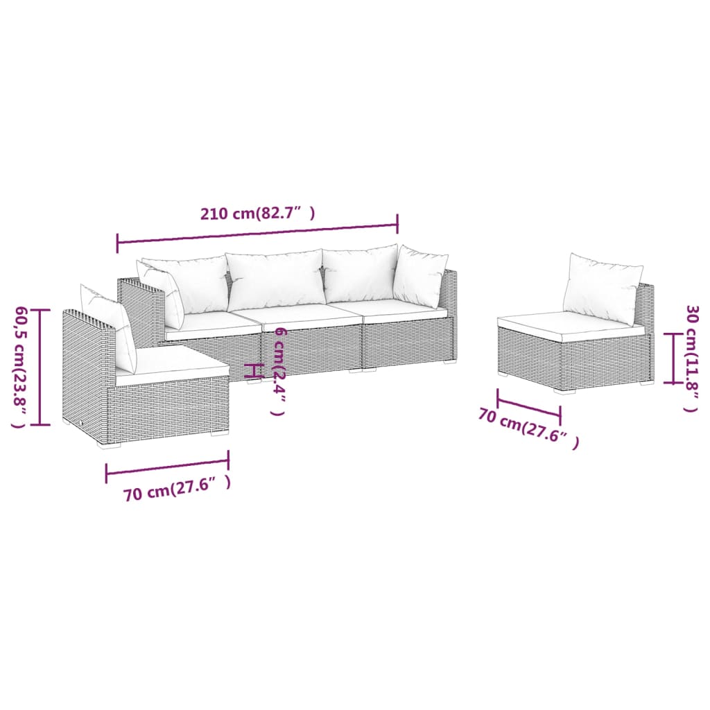 5-tlg. Garten-Lounge-Set mit Kissen Poly Rattan Schwarz
