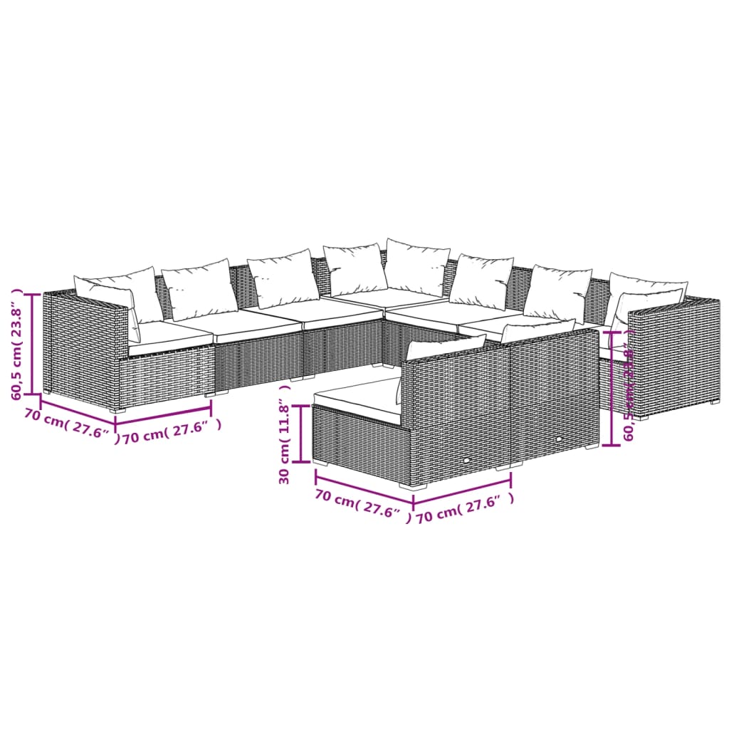 9-tlg. Garten-Lounge-Set mit Kissen Grau Poly Rattan