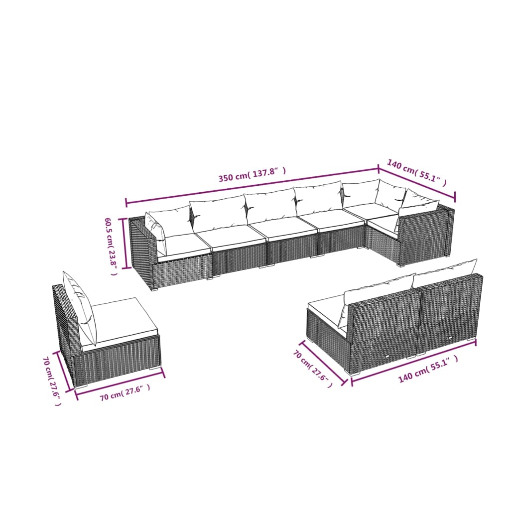 9-tlg. Garten-Lounge-Set mit Kissen Poly Rattan Grau