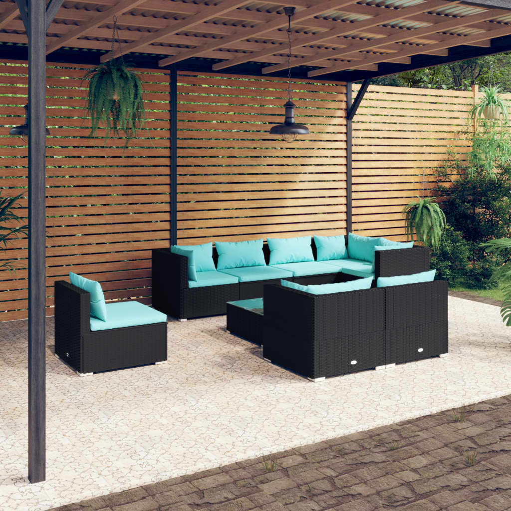 9-tlg. Garten-Lounge-Set mit Kissen Poly Rattan Schwarz