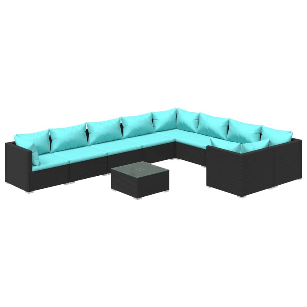 10-tlg. Garten-Lounge-Set mit Kissen Poly Rattan Schwarz