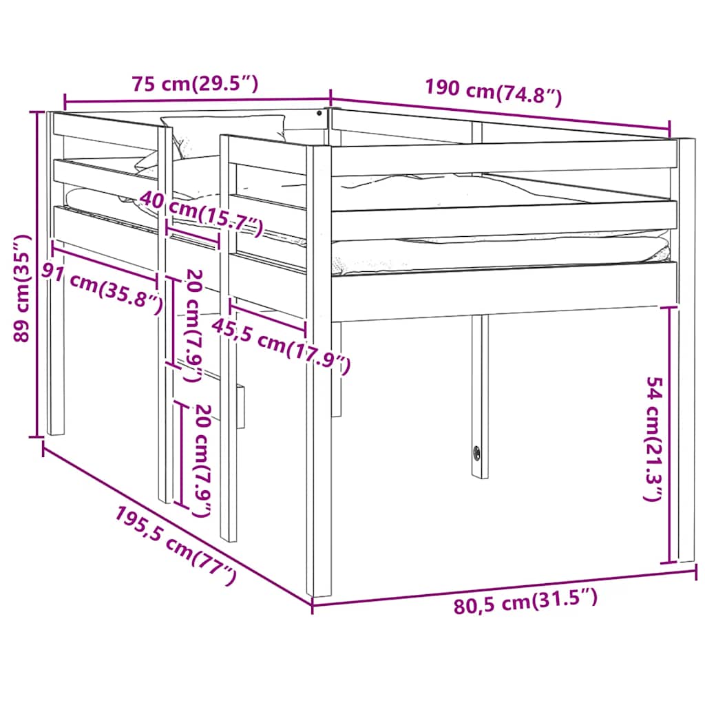 Hochbett Weiß 75x190 cm Massivholz Kiefer