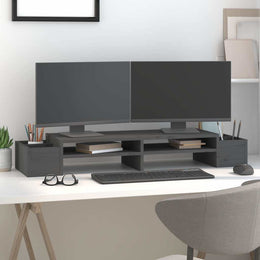 Monitorständer aus massivem Kiefernholz mit 4 Ablagefächern, Grau, 100 × 27,5 × 15 cm
