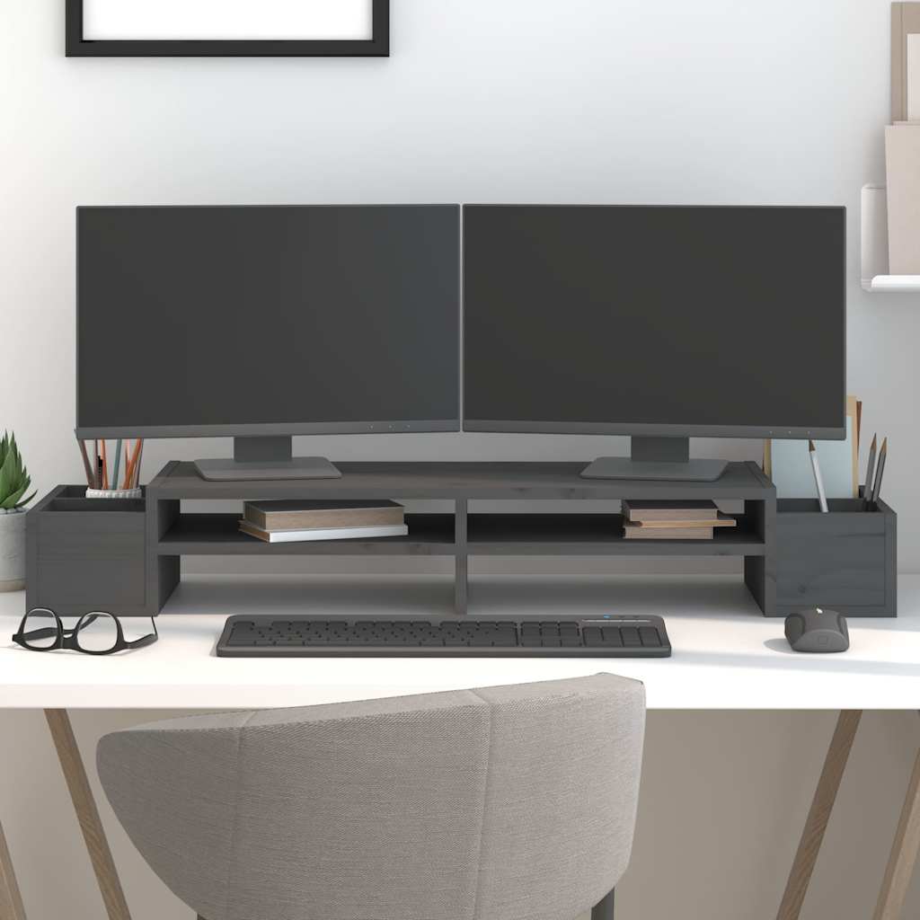 Monitorständer aus massivem Kiefernholz mit 4 Ablagefächern, Grau, 100 × 27,5 × 15 cm