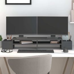 Monitorständer aus massivem Kiefernholz mit 4 Ablagefächern, Grau, 100 × 27,5 × 15 cm