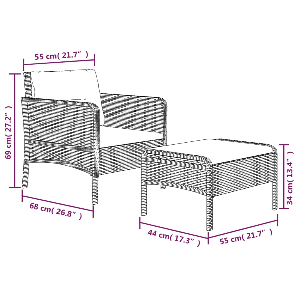 2-tlg. Garten-Lounge-Set mit Kissen Grau Poly Rattan