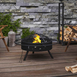 Lausitzer Marktplatz 70 cm Stahl-Feuerschale mit Funkenschutzgitter und Schürhaken auf einer Holzterrasse
