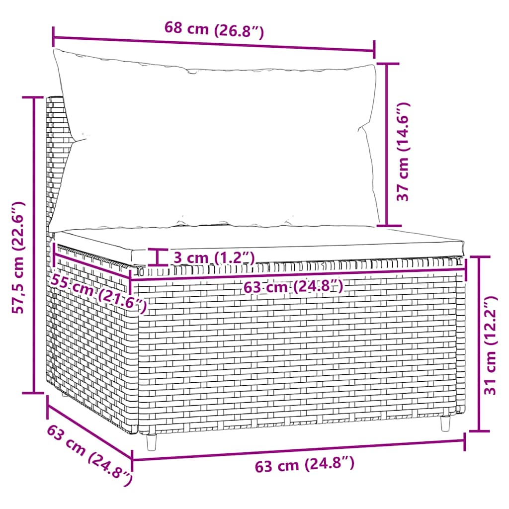 Garten-Mittelsofa mit Kissen Schwarz Poly Rattan