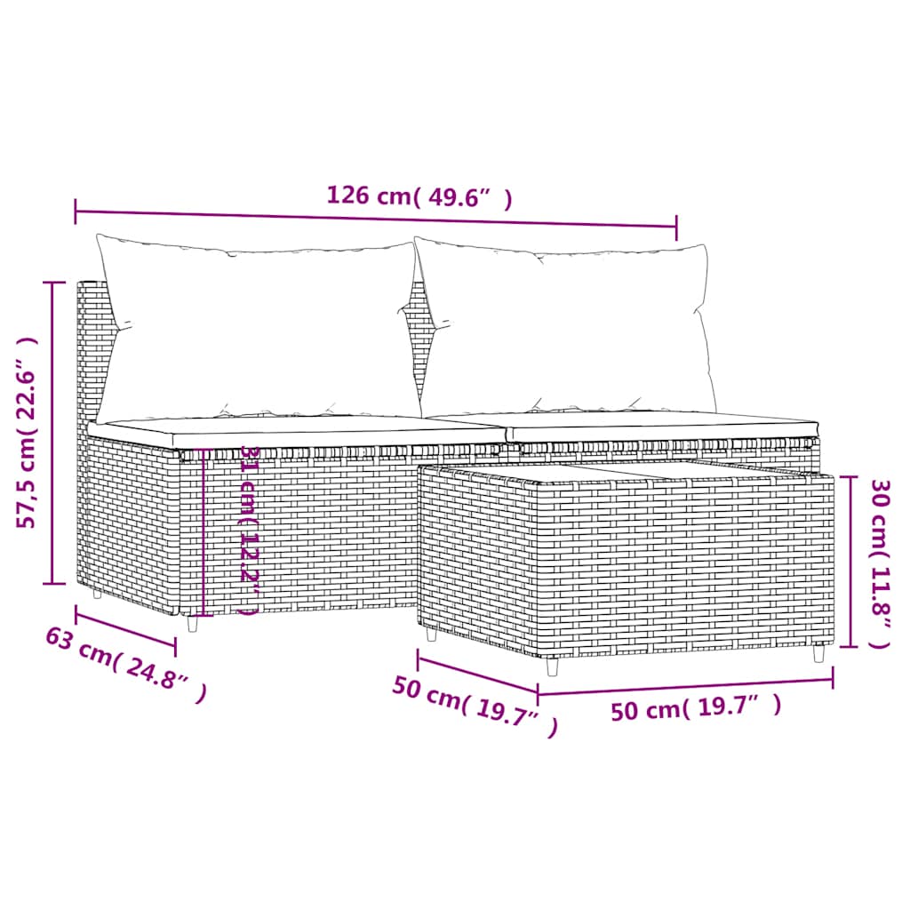 3-tlg. Garten-Lounge-Set mit Kissen Schwarz Poly Rattan