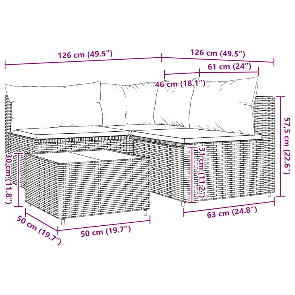 4-tlg. Garten-Lounge-Set mit Kissen Grau Poly Rattan