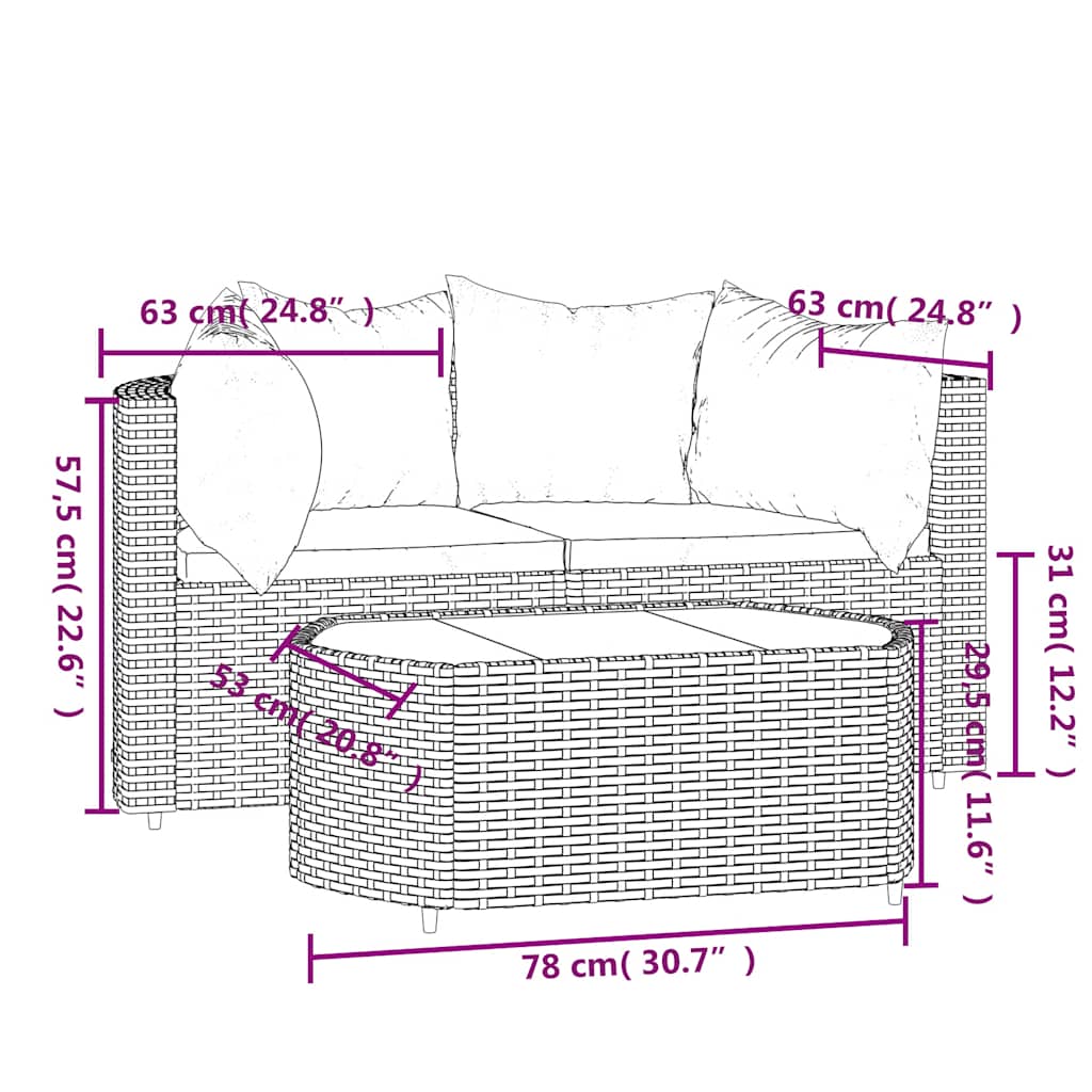 3-tlg. Garten-Lounge-Set mit Kissen Grau Poly Rattan