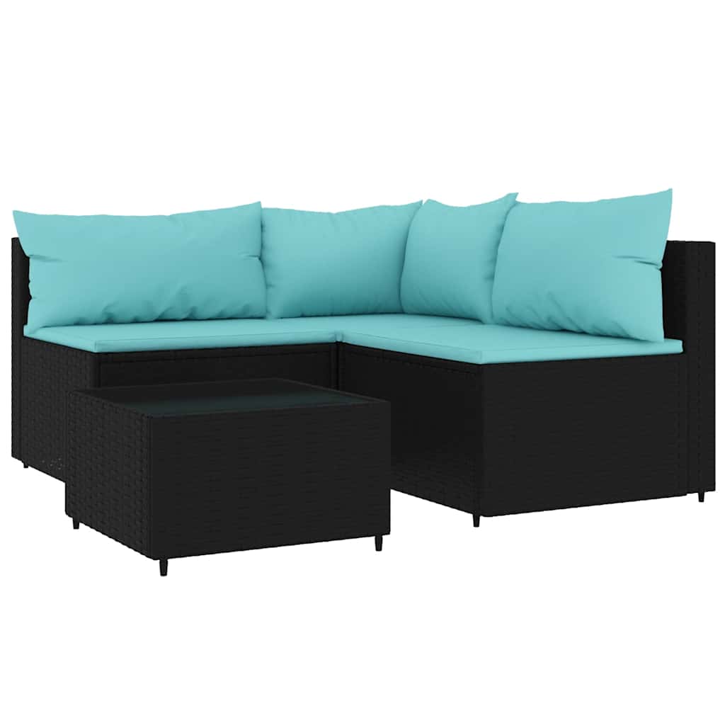 4-tlg. Garten-Lounge-Set mit Kissen Schwarz Poly Rattan