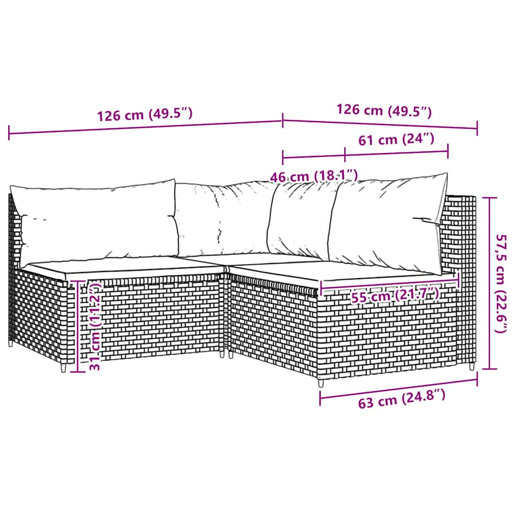 3-tlg. Garten-Lounge-Set mit Kissen Braun Poly Rattan