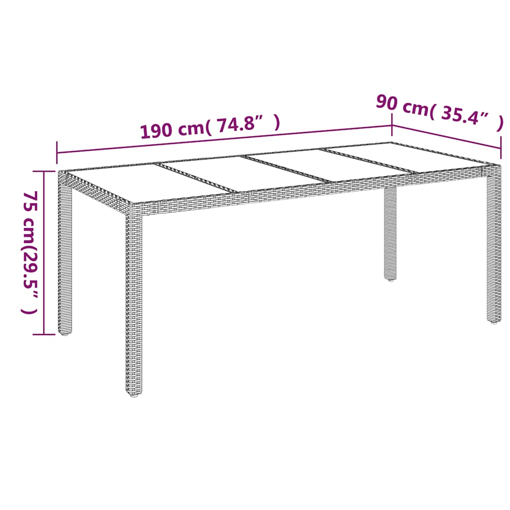 Gartentisch mit Glasplatte Grau 190x90x75 cm Poly Rattan