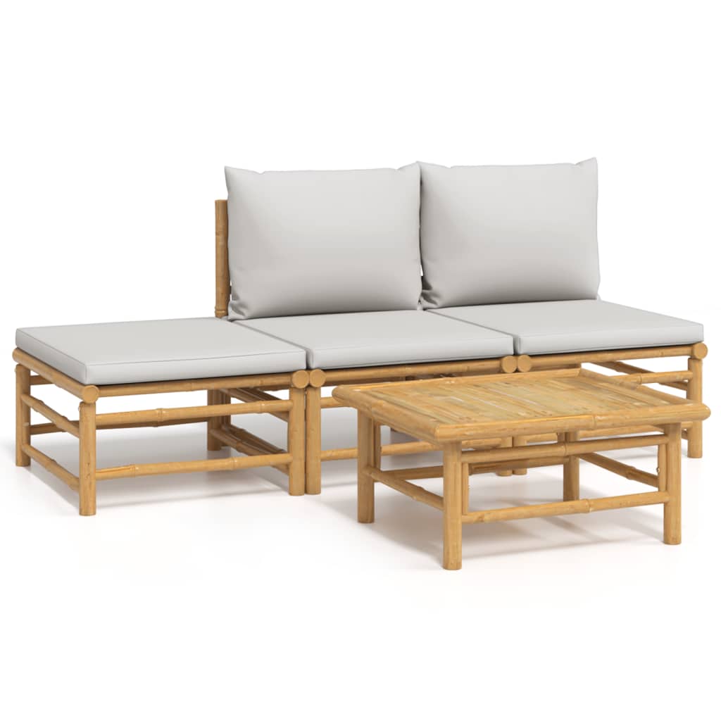 4-tlg. Garten-Lounge-Set mit Hellgrauen Kissen Bambus