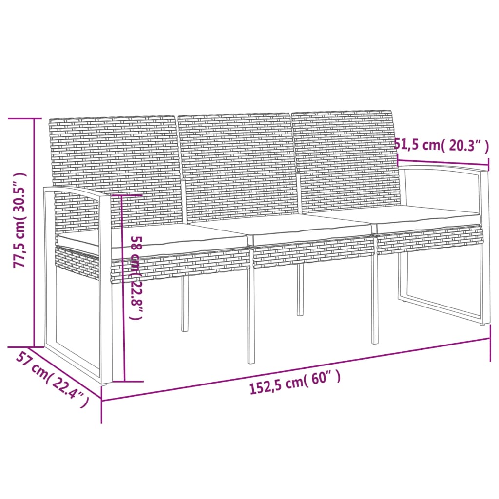Gartenbank 3-Sitzer mit Kissen Dunkelgrau PP-Rattan