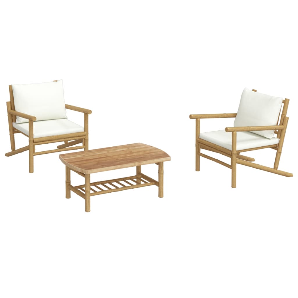3-tlg. Garten-Lounge-Set mit Kissen Creme Bambus