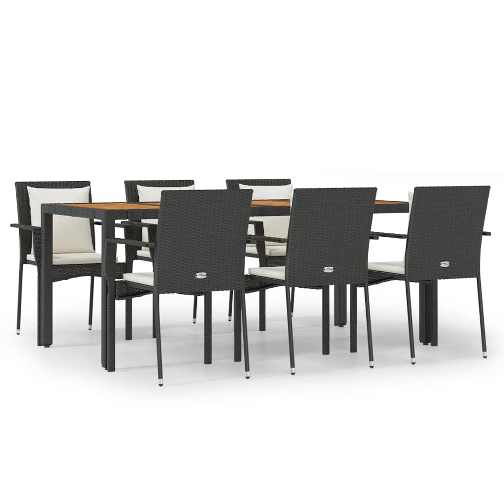7-tlg. Garten-Essgruppe mit Kissen Schwarz Poly Rattan