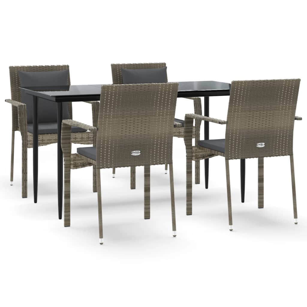 5-tlg. Garten-Essgruppe mit Kissen Schwarz und Grau Poly Rattan