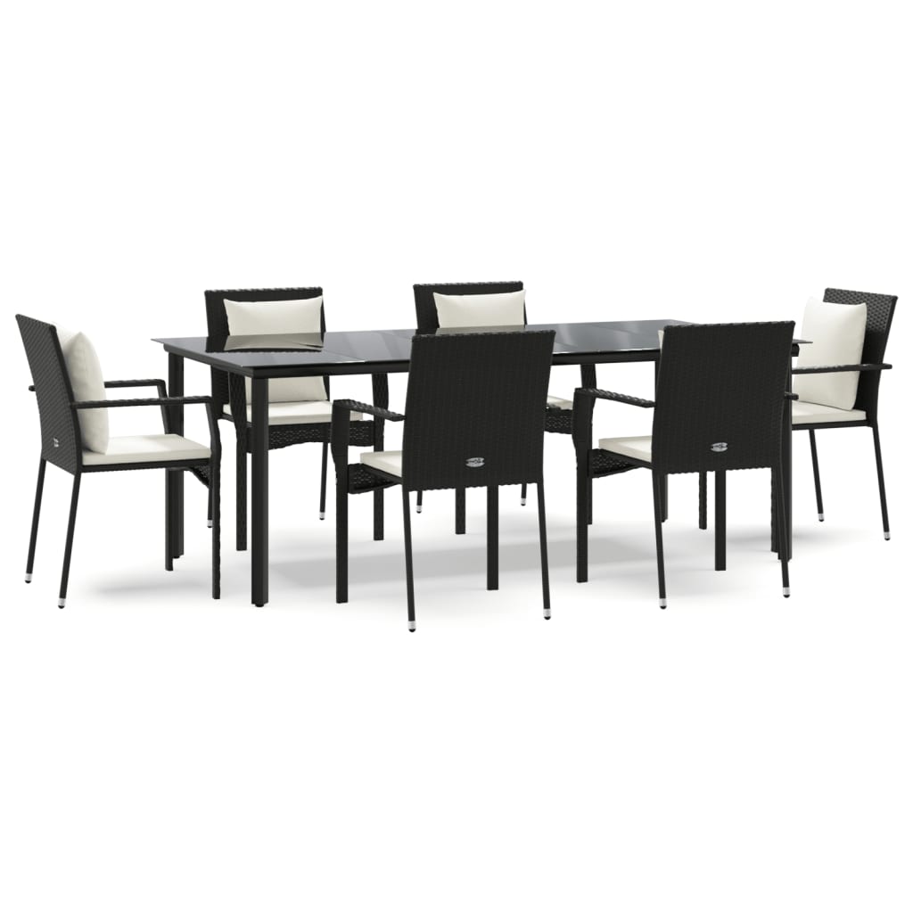 7-tlg. Garten-Essgruppe mit Kissen Schwarz Poly Rattan