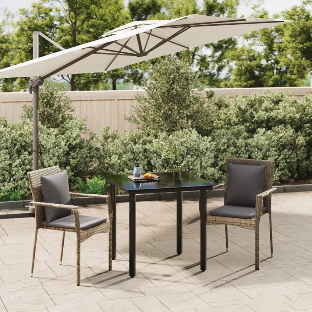 3-tlg. Garten-Essgruppe mit Kissen Schwarz und Grau Poly Rattan
