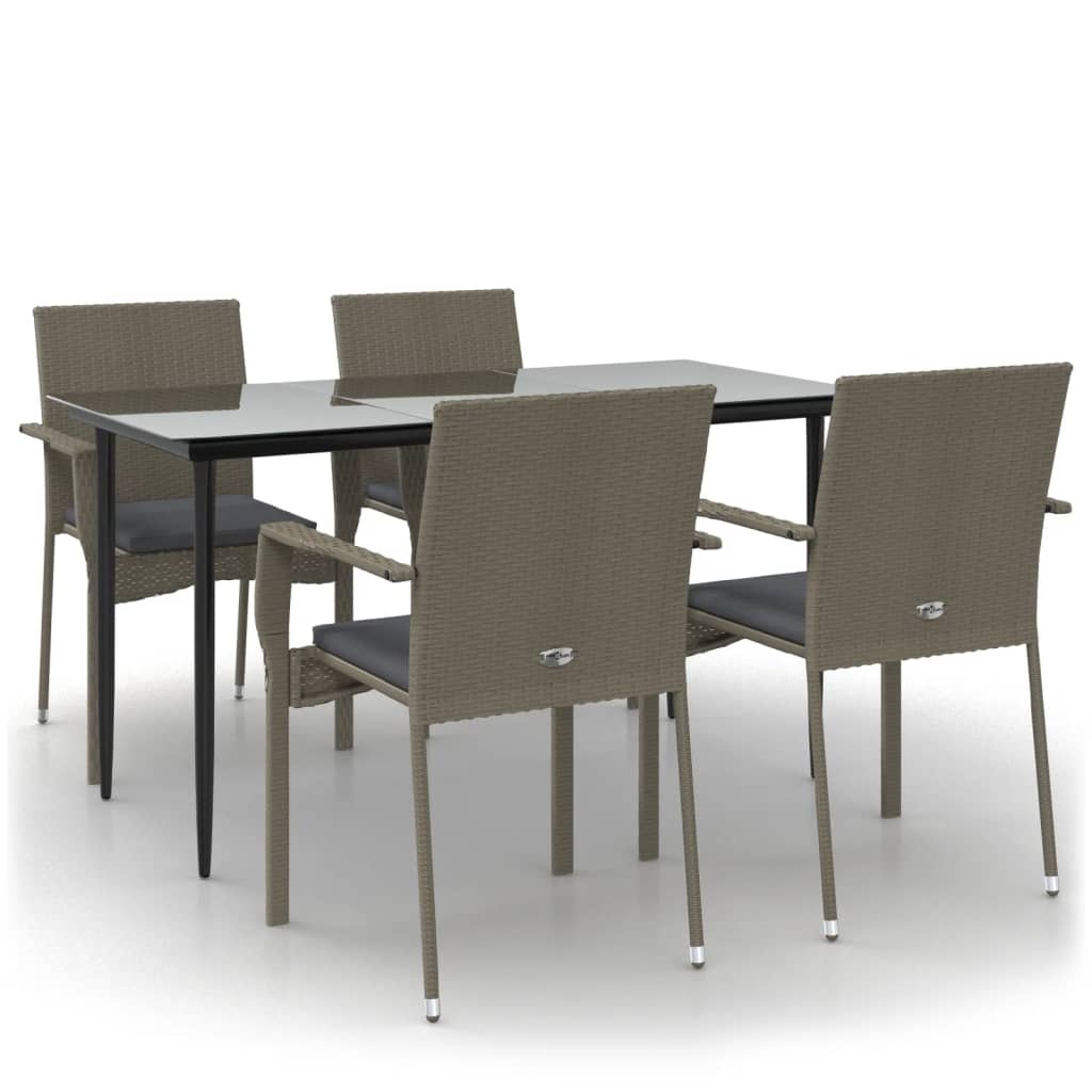 5-tlg. Garten-Essgruppe mit Kissen Schwarz und Grau Poly Rattan