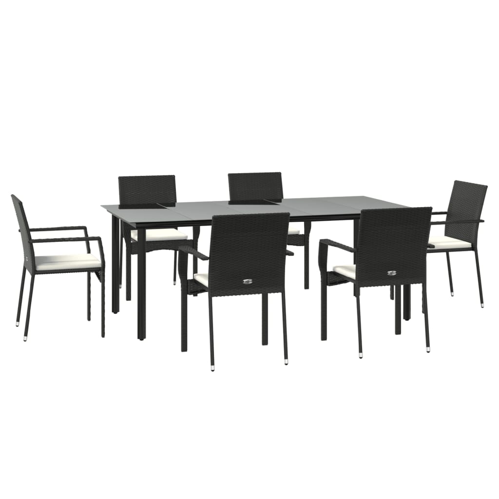 7-tlg. Garten-Essgruppe mit Kissen Schwarz Poly Rattan