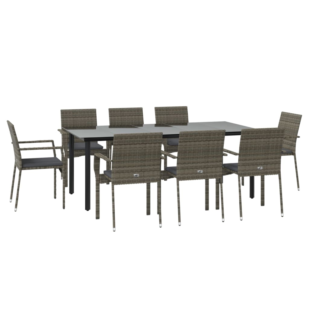 9-tlg. Garten-Essgruppe mit Kissen Schwarz und Grau Poly Rattan