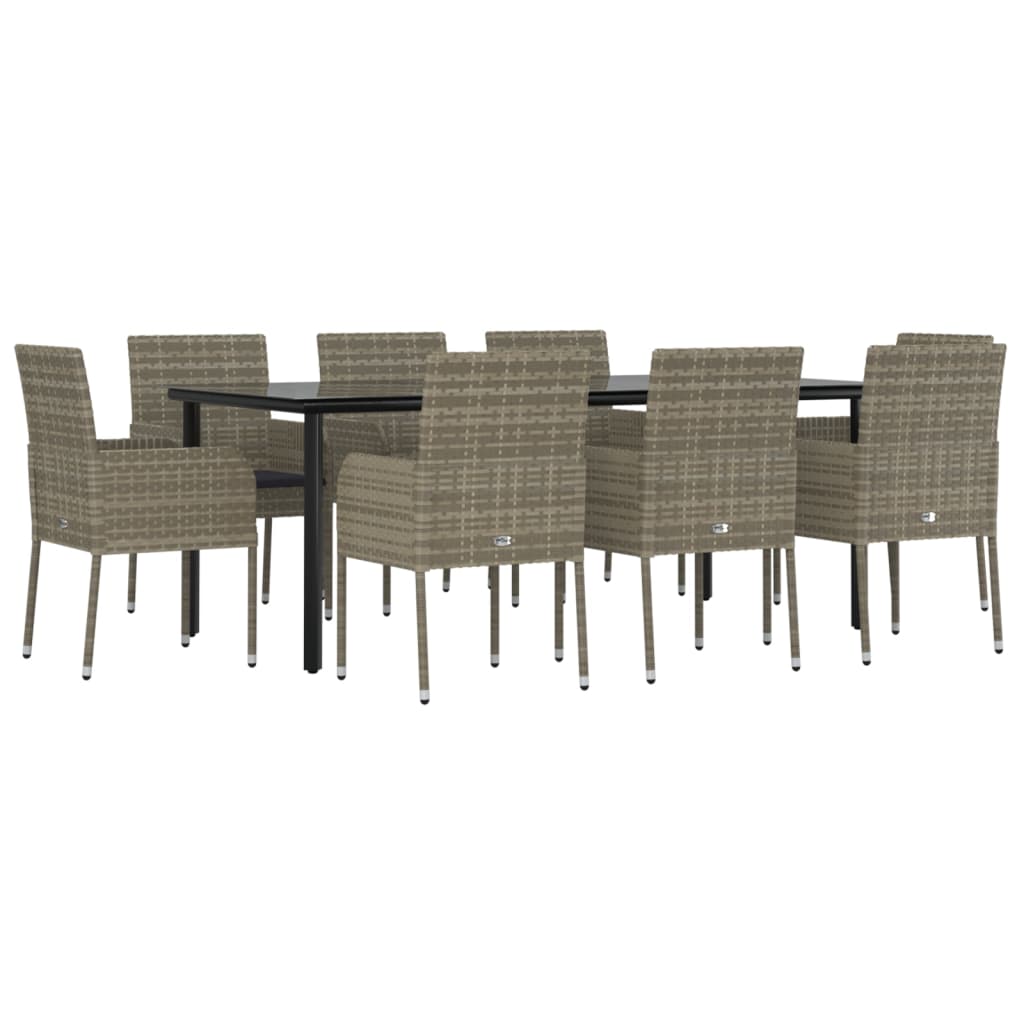 9-tlg. Garten-Essgruppe mit Kissen Schwarz und Grau Poly Rattan