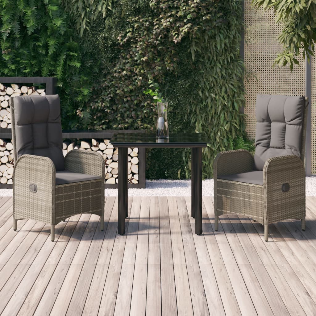 3-tlg. Garten-Essgruppe mit Kissen Schwarz und Grau Poly Rattan