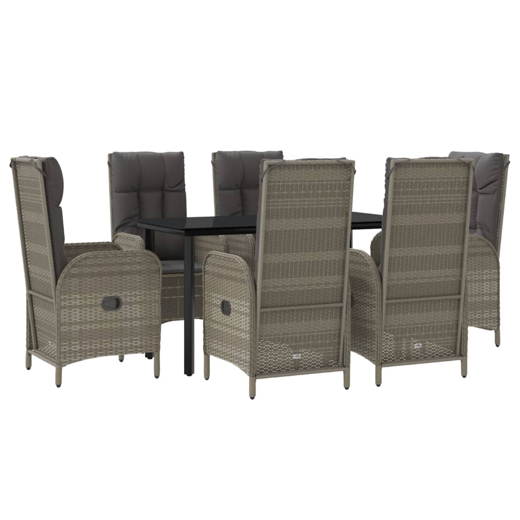 7-tlg. Garten-Essgruppe mit Kissen Schwarz und Grau Poly Rattan